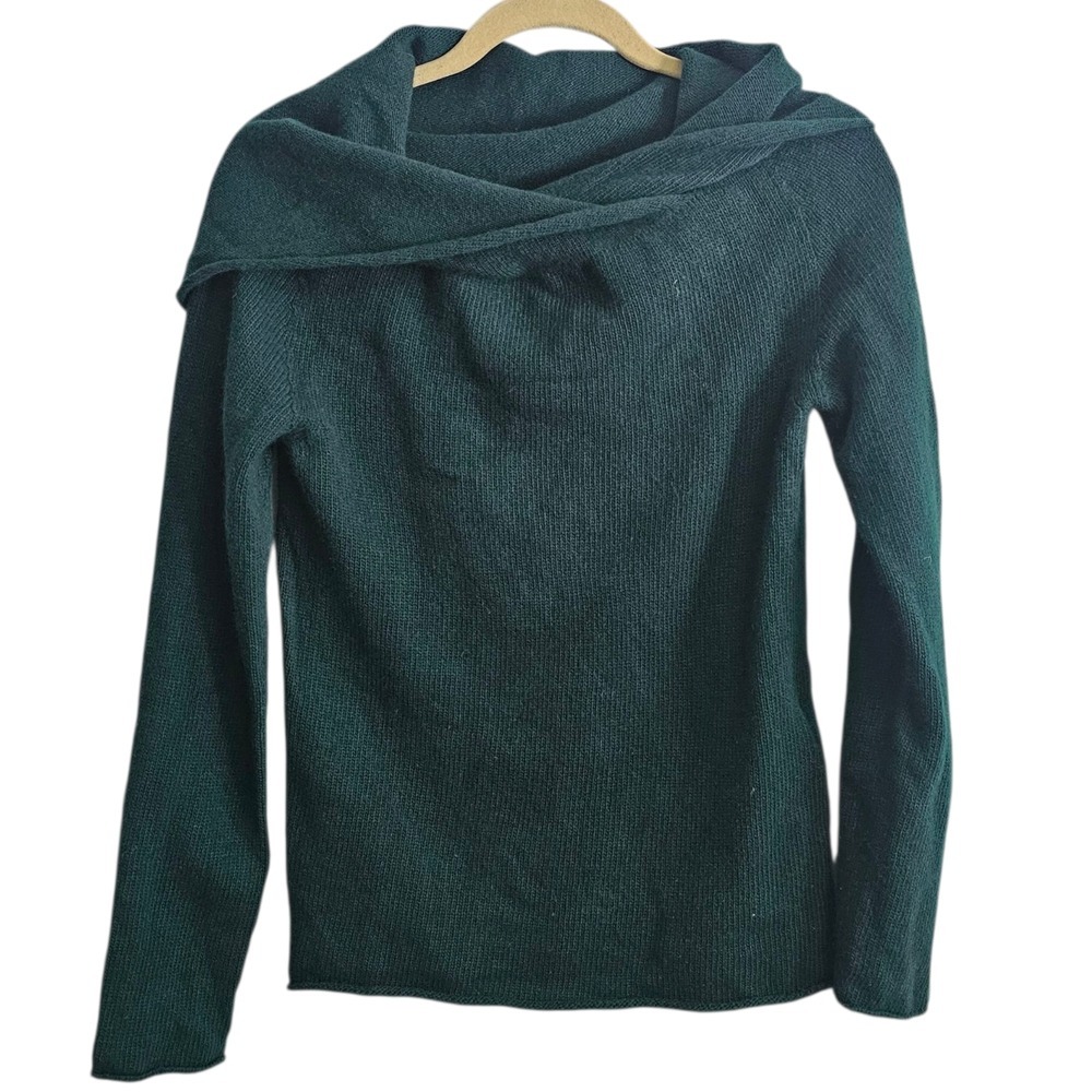 Celtic & Co XS Merino Wool Sweater Green Cowl Neck Long Sleeve Hood Pullover ~
